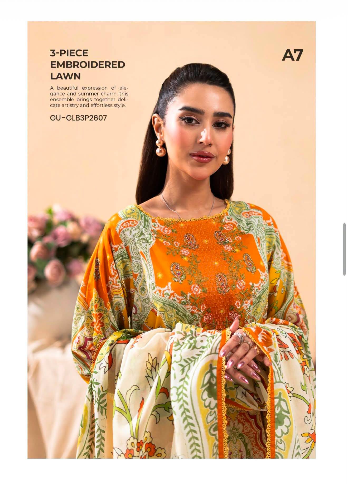 GULLJEE GULLBANO PREMIUM LAWN EMBROIDERED 3 PIECE-Mustard & Green