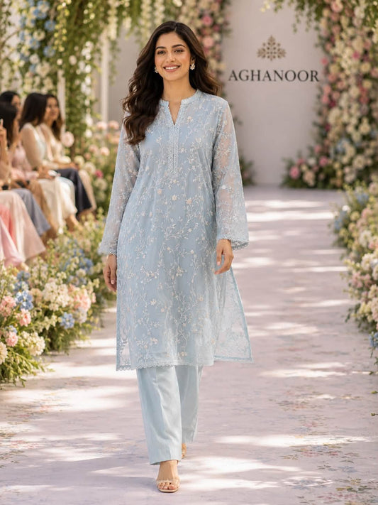 AGHANOOR COTTON NET EMB SHIRT & SILK PANTS- Sky Blue
