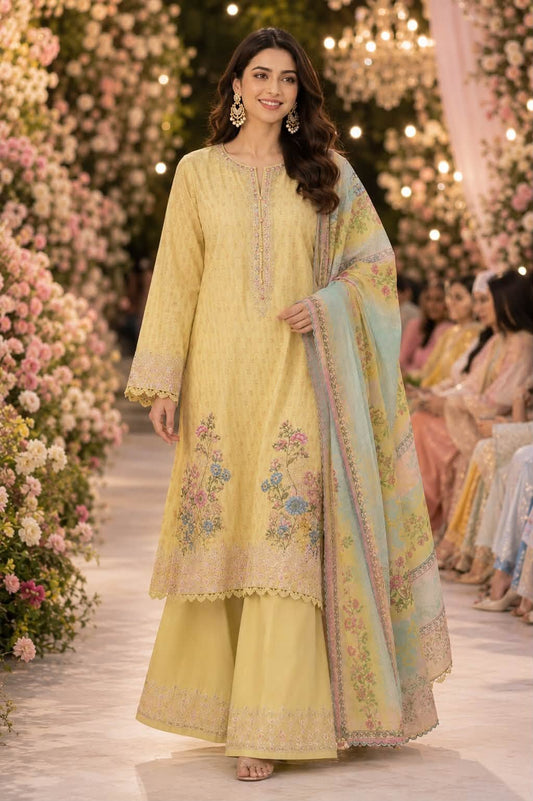 Khaadi Jacquard Embroidered Lawn 3 Piece- Yellow