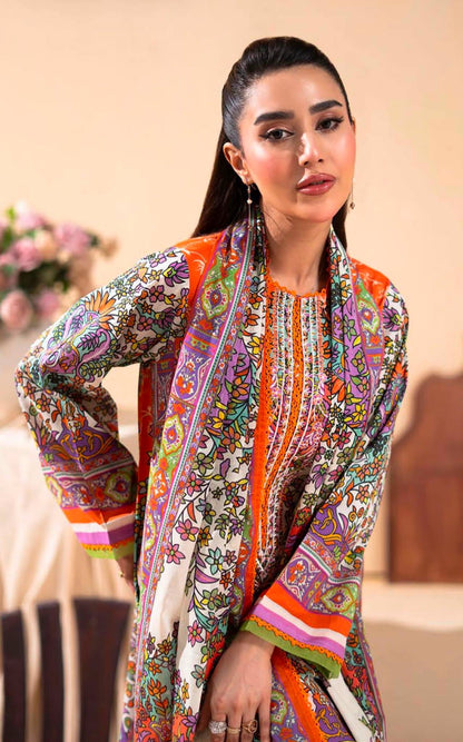 GULLJEE GULLBANO PREMIUM LAWN EMBROIDERED 3 PIECE-Orange Multicolor