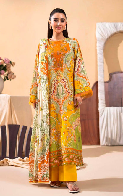 GULLJEE GULLBANO PREMIUM LAWN EMBROIDERED 3 PIECE-Mustard & Green
