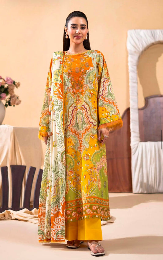 GULLJEE GULLBANO PREMIUM LAWN EMBROIDERED 3 PIECE-Mustard & Green