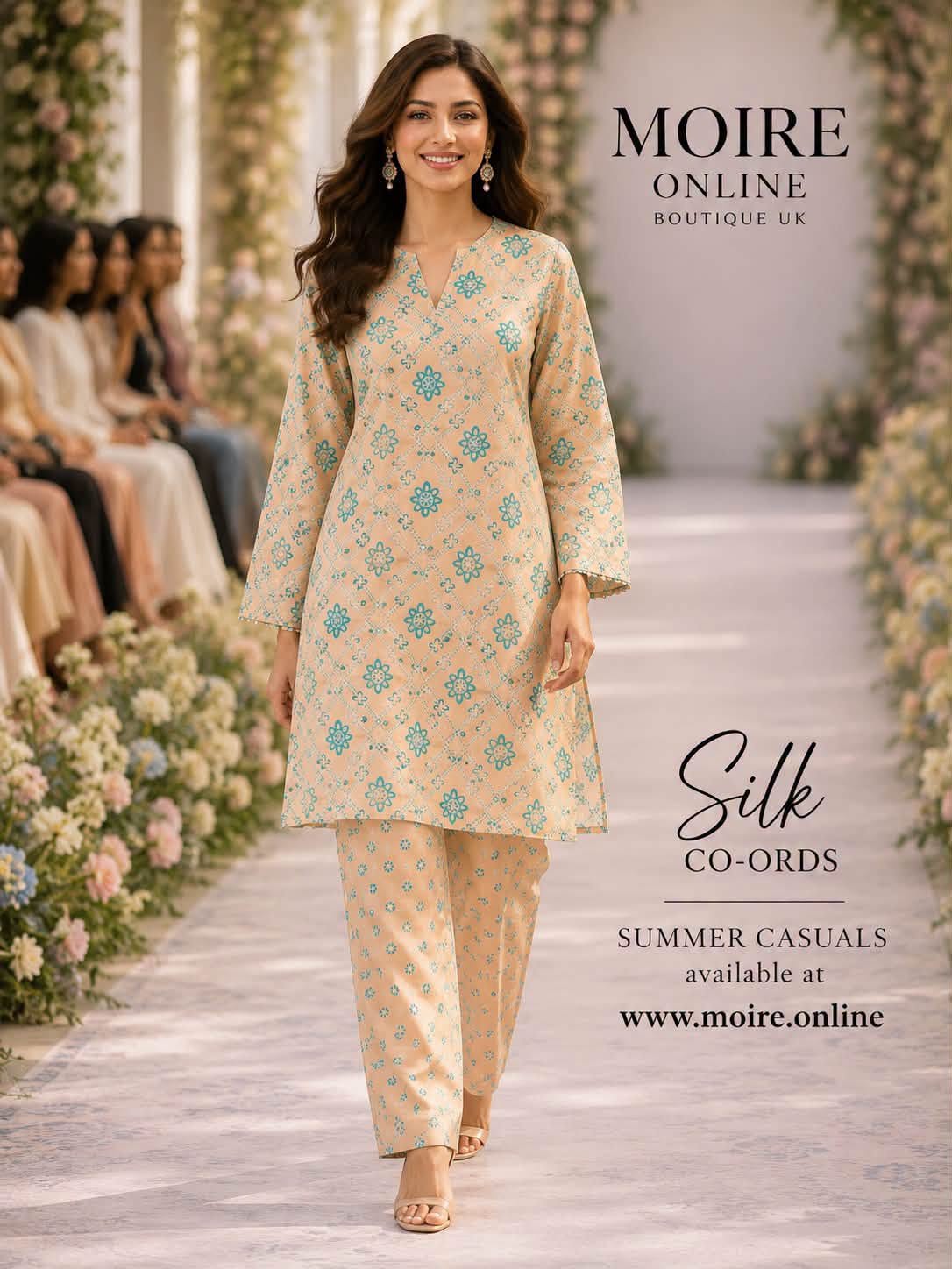 Tawakkal Printed Mixed Silk Shirt & Pant (Co-ords)- Beige Golden