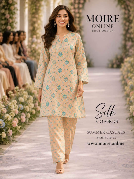 Tawakkal Printed Mixed Silk Shirt & Pant (Co-ords)- Beige Golden