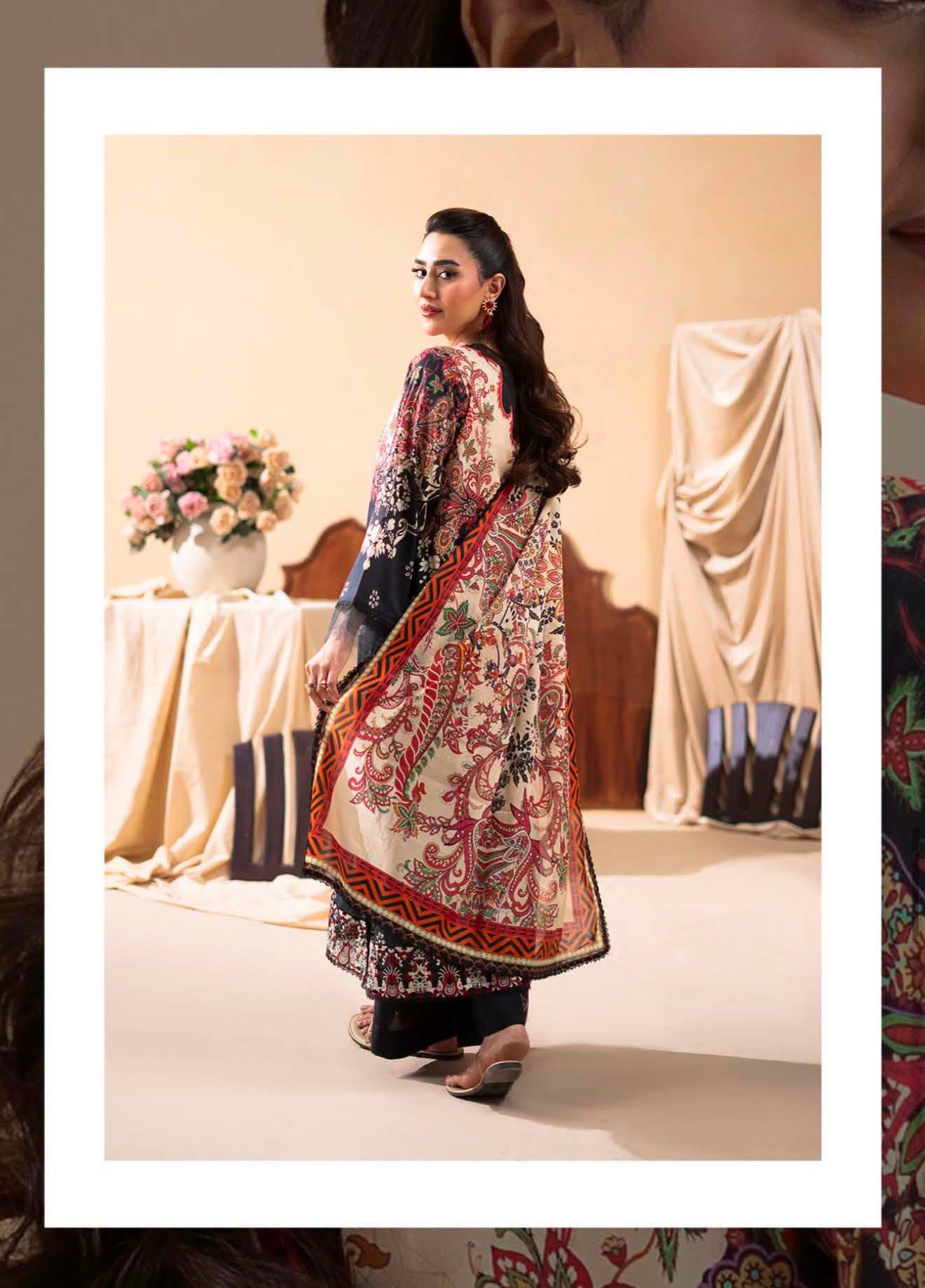 GULLJEE GULLBANO PREMIUM LAWN EMBROIDERED 3 PIECE-Black & Multicolor