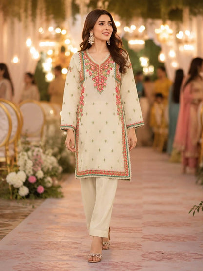 AGHANOOR COTTON NET EMB SHIRT & SILK FARSHI SHALWAR