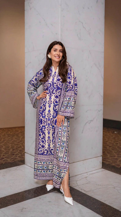 SILAI PRET PREMIUM PRINTED SILK WHITE-BLUE KAFTAN
