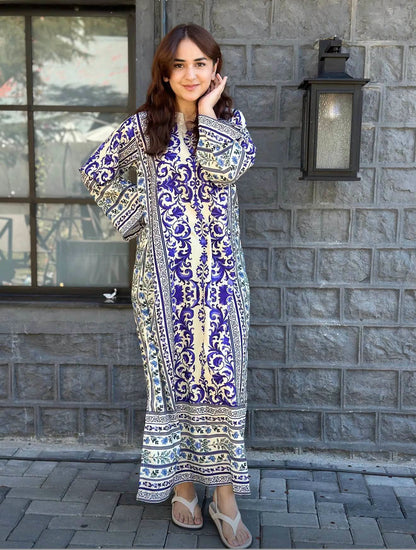 SILAI PRET PREMIUM PRINTED SILK WHITE-BLUE KAFTAN