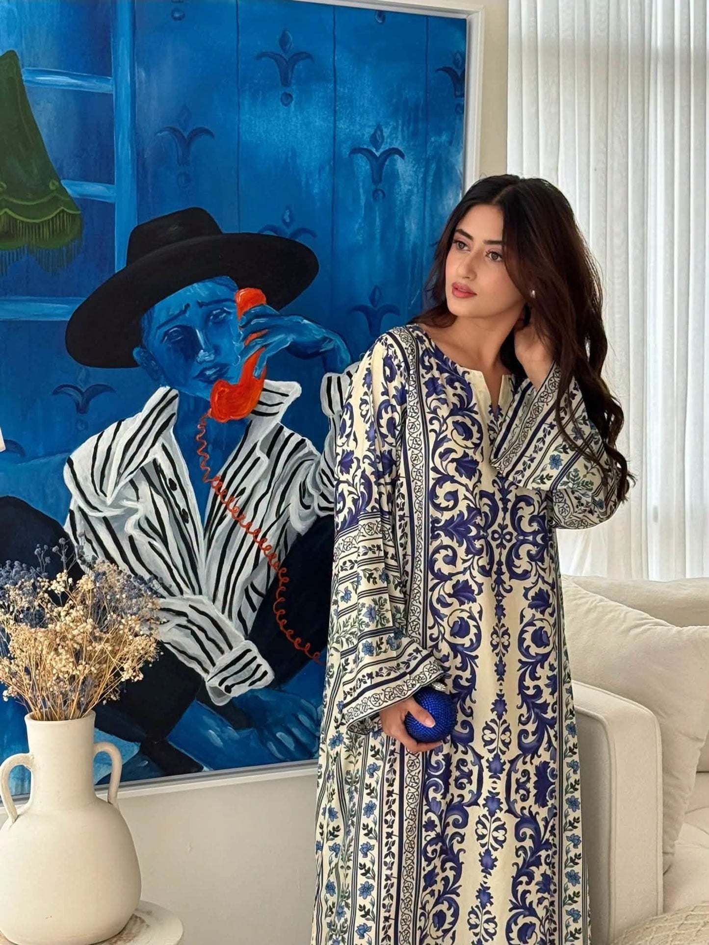 SILAI PRET PREMIUM PRINTED SILK WHITE-BLUE KAFTAN