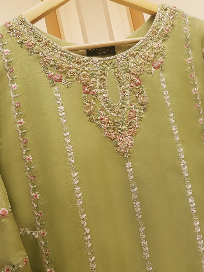 AGHANOOR PURE RAW SILK EMBROIDERED SHIRT WITH ORGANZA DUPATTA AND SILK PANT