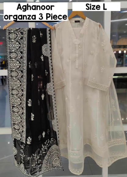 Aghanoor Heavily Embroidered Frock Style Organza 3 Piece-Offwhite