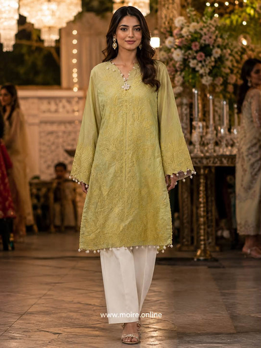SANA SAFINAZ EMBROIDERED LAWN SHIRT-LEMON YELLOW