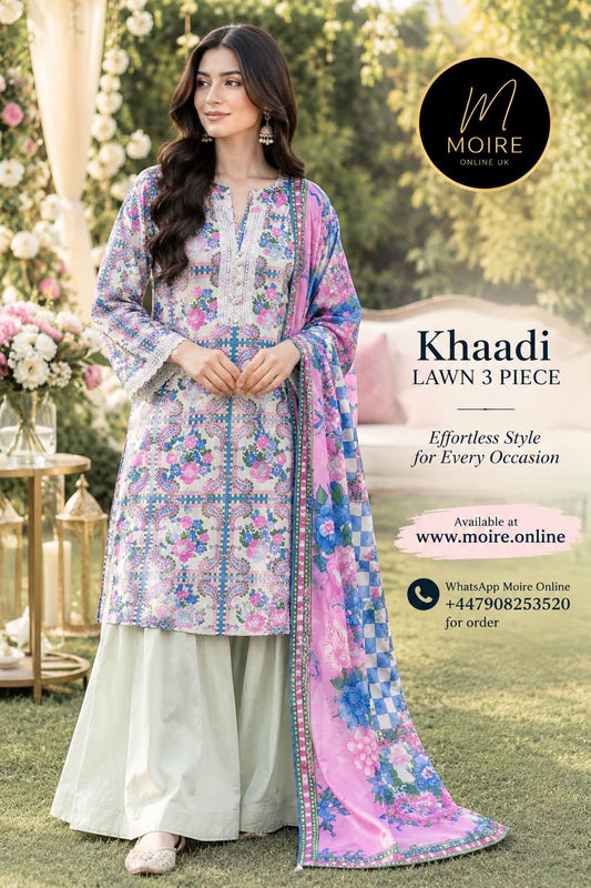 KHAADI EMBROIDERED LAWN 3 PIECE WITH PALAZZO