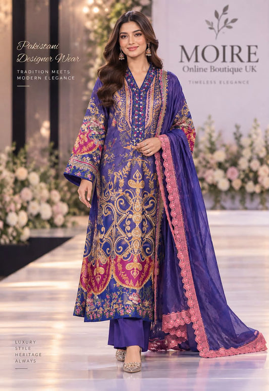 Asim Jofa Charmeuse Silk Embroidered 3 Piece Suit-Purple