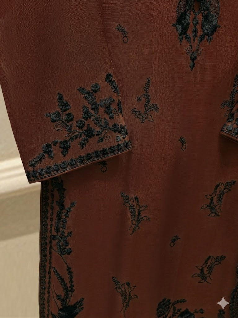 AGHANOOR DARK BROWN COTTON NET EMBROIDERED 3 PIECE