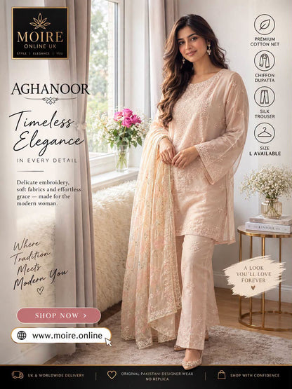 AGHANOOR COTTON NET EMB SHIRT WITH SILK AND CHIFFON DUPATTA