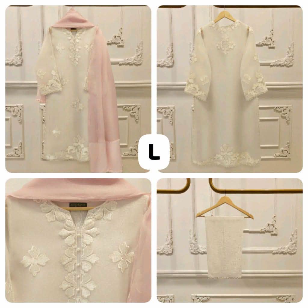 Aghanoor Heavily Embroidered Applique Organza  3 Piece-Offwhite