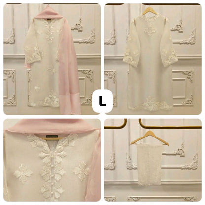 Aghanoor Heavily Embroidered Applique Organza  3 Piece-Offwhite