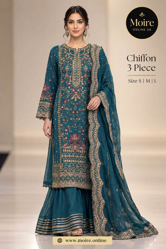 Bin Tayyab Chiffon Embroidered 3 Piece Suit-Midnight Blue