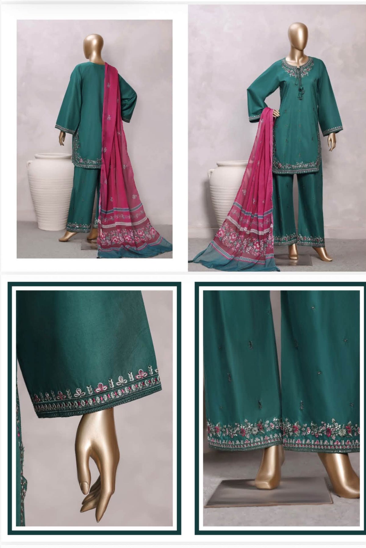 Sadabahar Eclair Embroidered Cotton 3 Piece-Teal