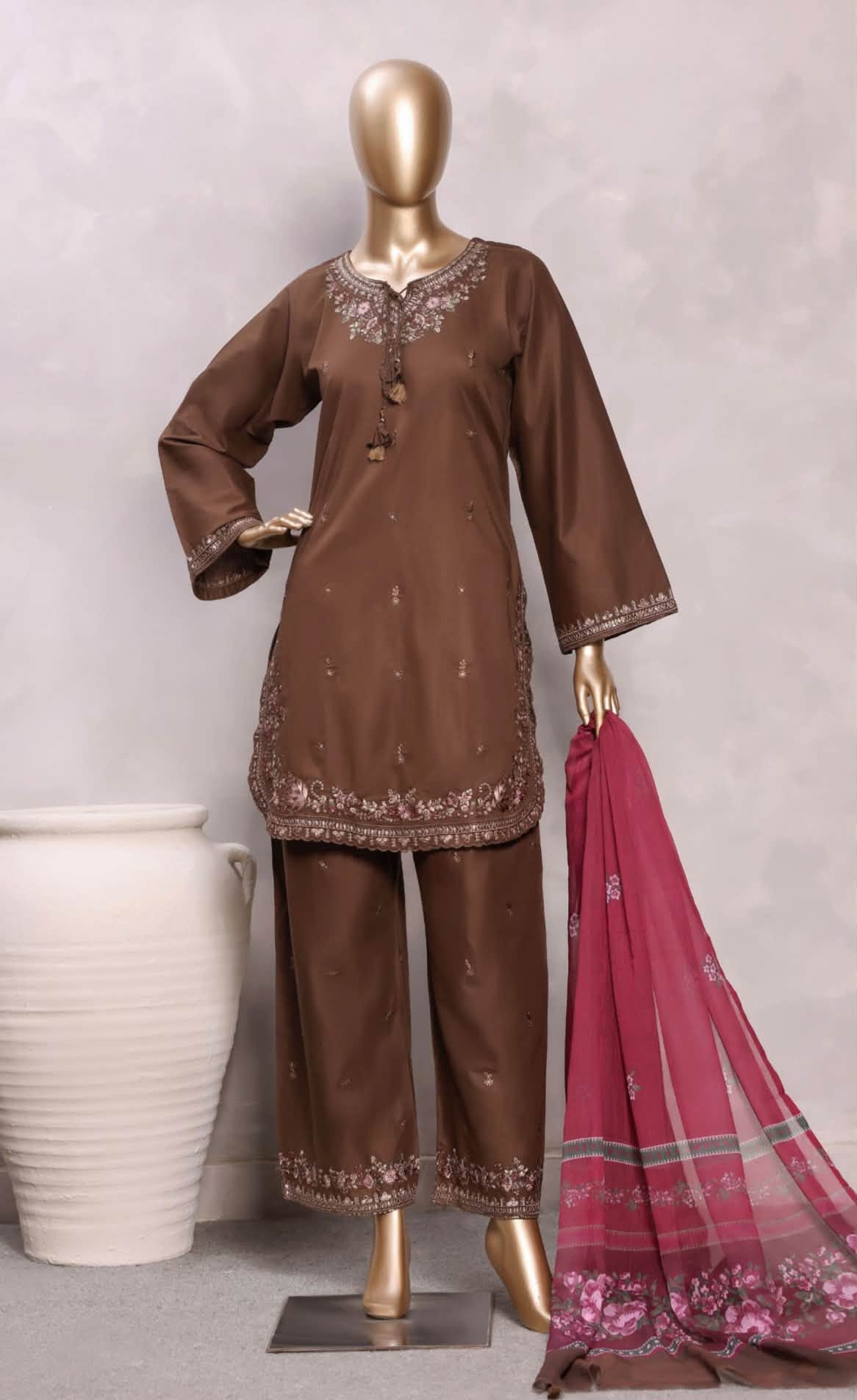 Sadabahar Eclair Embroidered Cotton 3 Piece-Brown
