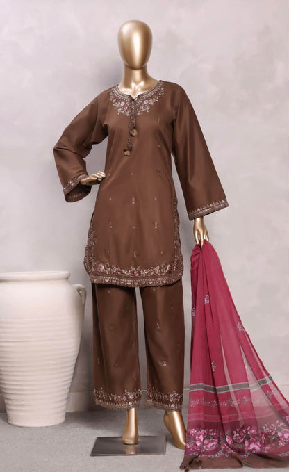 Sadabahar Eclair Embroidered Cotton 3 Piece-Brown