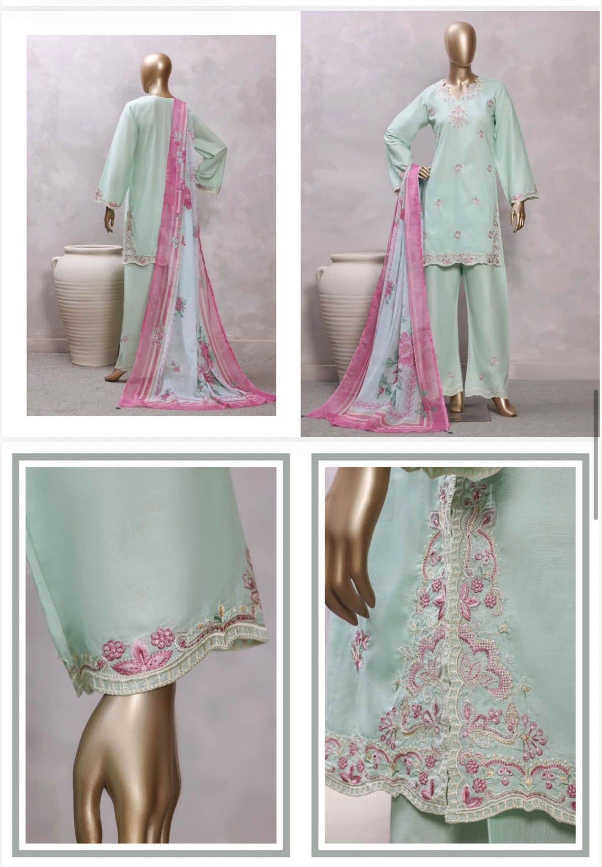Sadabahar Eclair Embroidered Cotton 3 Piece-Pista Green