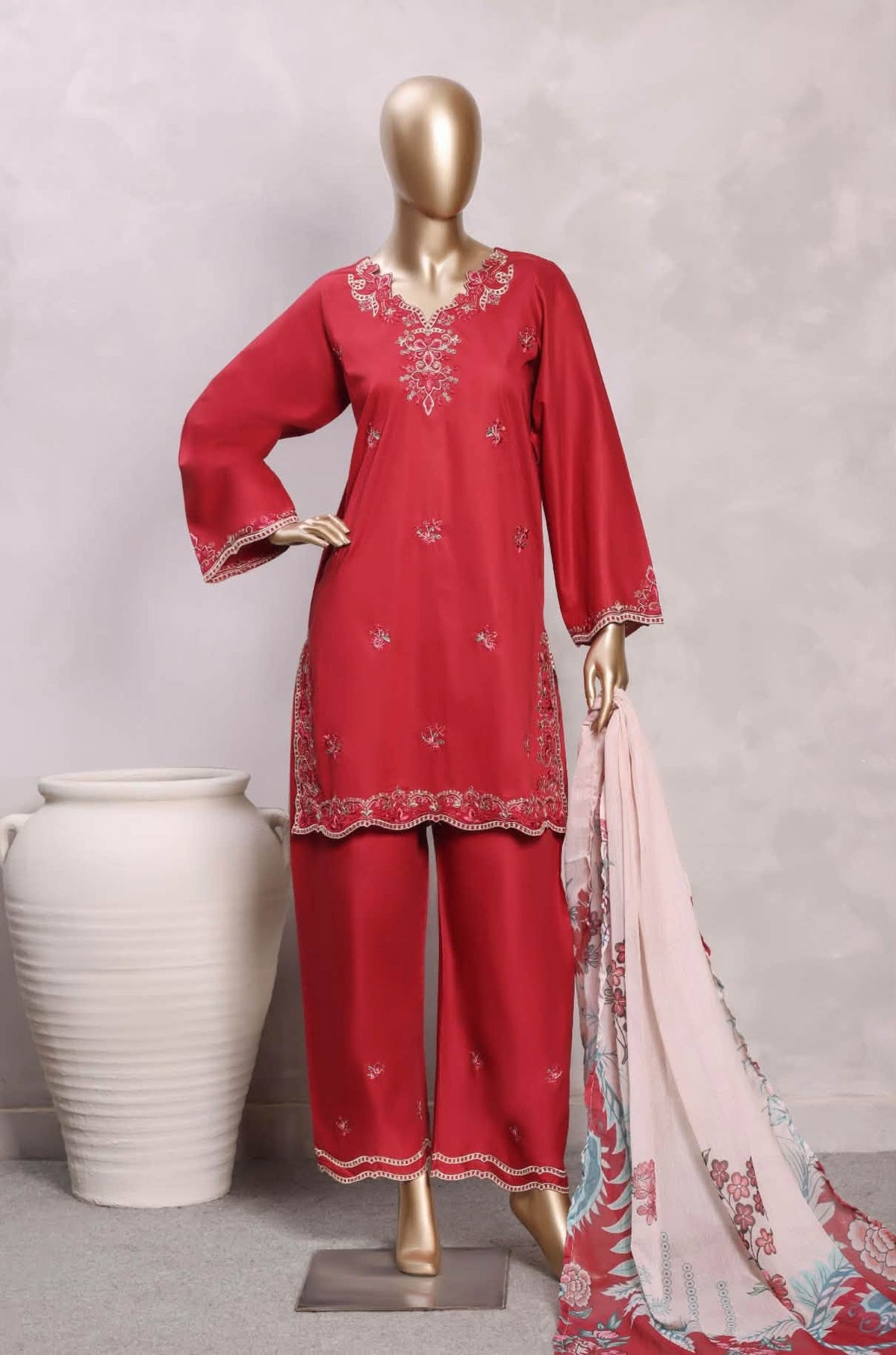 Sadabahar Eclair Embroidered Cotton 3 Piece-Red