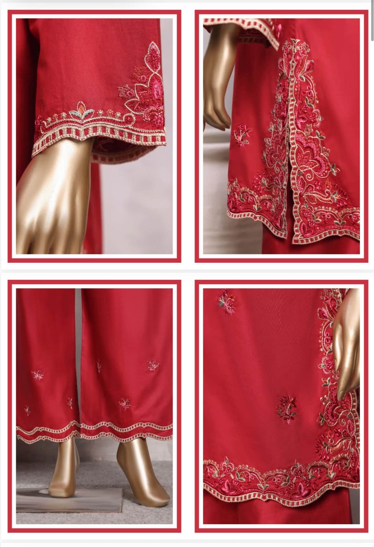 Sadabahar Eclair Embroidered Cotton 3 Piece-Red
