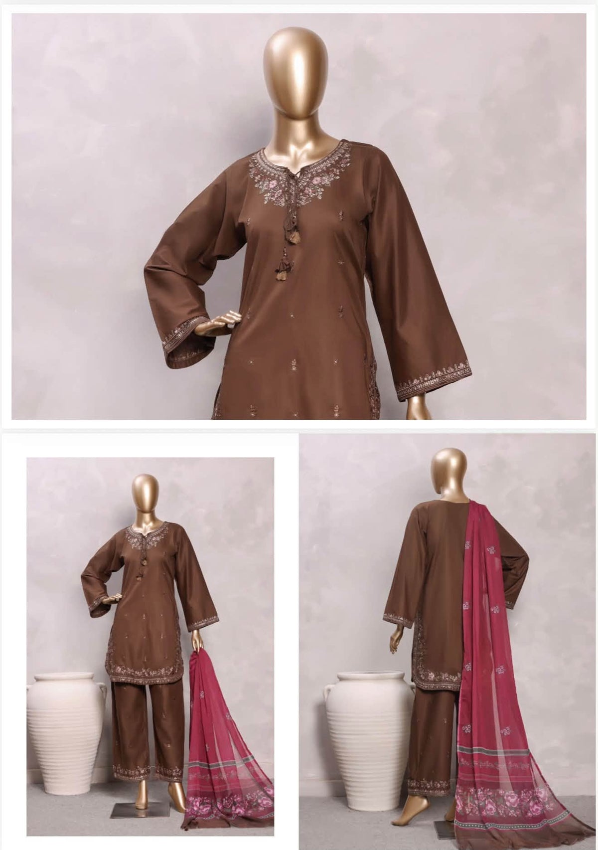 Sadabahar Eclair Embroidered Cotton 3 Piece-Brown