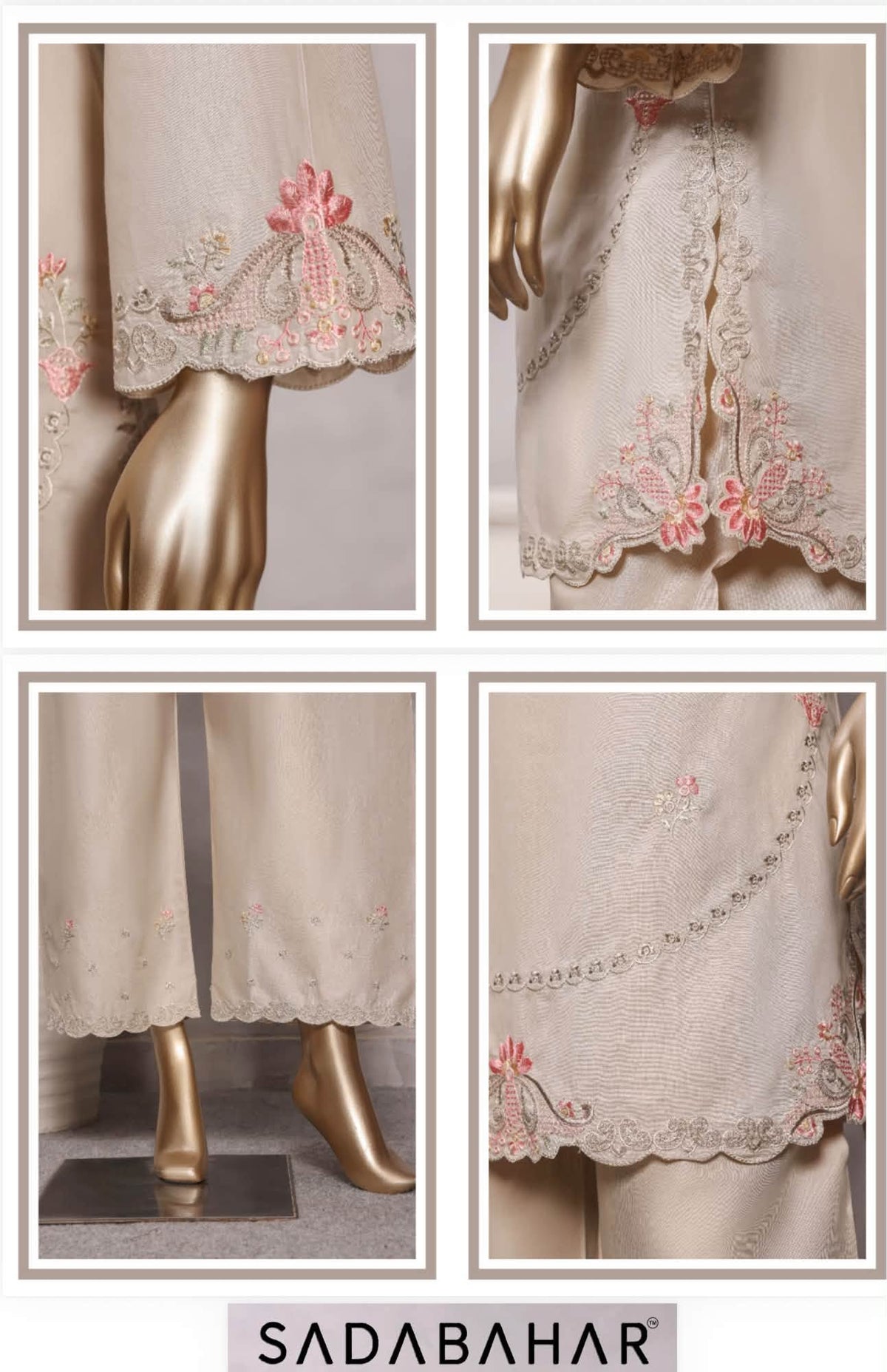 Sadabahar Eclair Embroidered Cotton 3 Piece-Beige