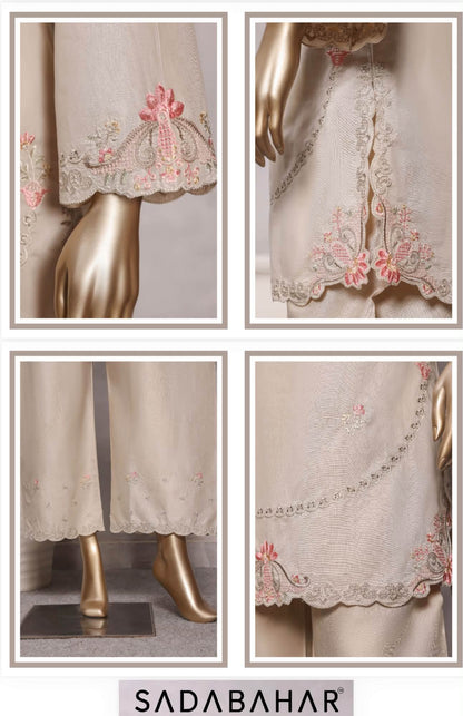 Sadabahar Eclair Embroidered Cotton 3 Piece-Beige