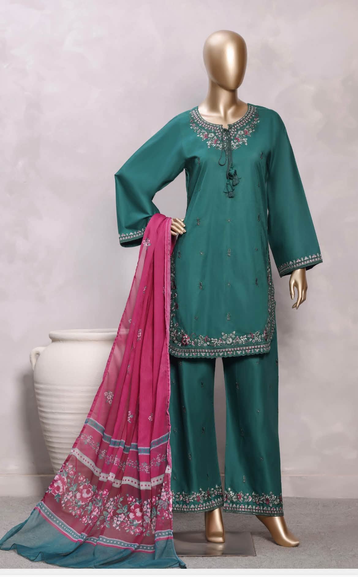 Sadabahar Eclair Embroidered Cotton 3 Piece-Teal