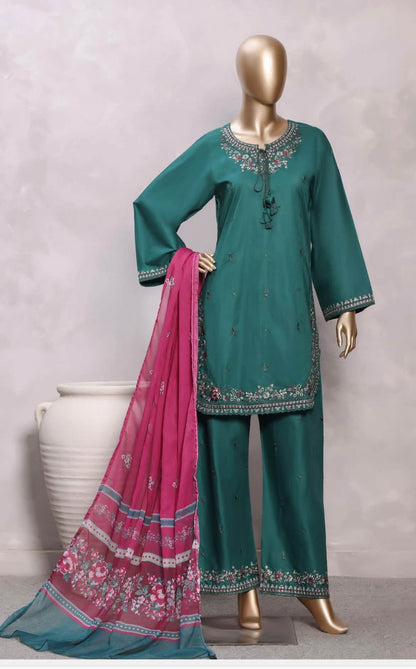 Sadabahar Eclair Embroidered Cotton 3 Piece-Teal