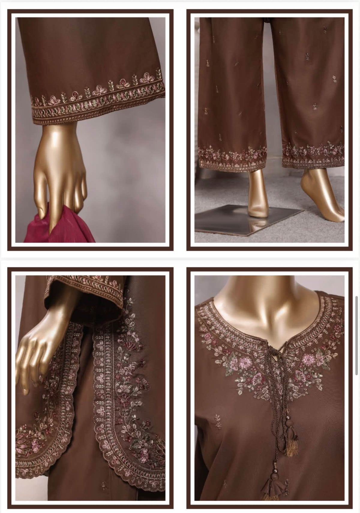 Sadabahar Eclair Embroidered Cotton 3 Piece-Brown