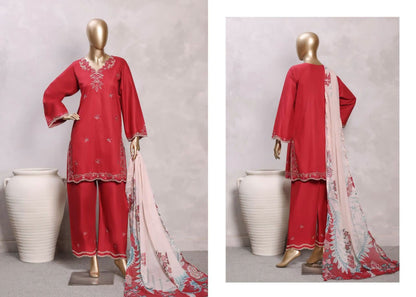Sadabahar Eclair Embroidered Cotton 3 Piece-Red