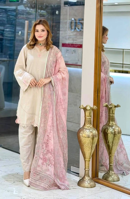 Sadabahar Eclair Embroidered Cotton 3 Piece-Beige
