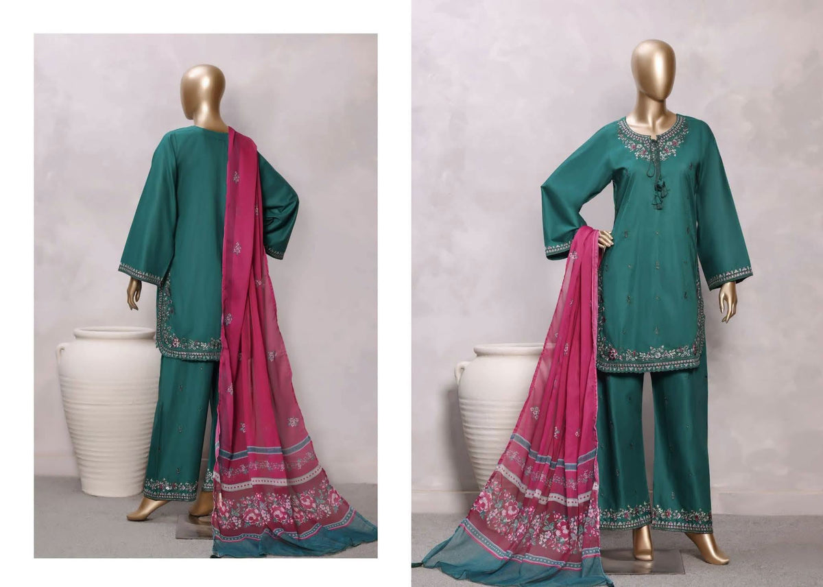 Sadabahar Eclair Embroidered Cotton 3 Piece-Teal