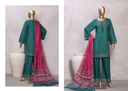 Sadabahar Eclair Embroidered Cotton 3 Piece-Teal