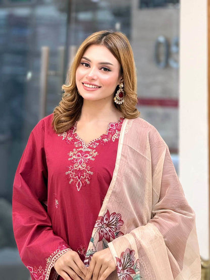 Sadabahar Eclair Embroidered Cotton 3 Piece-Red