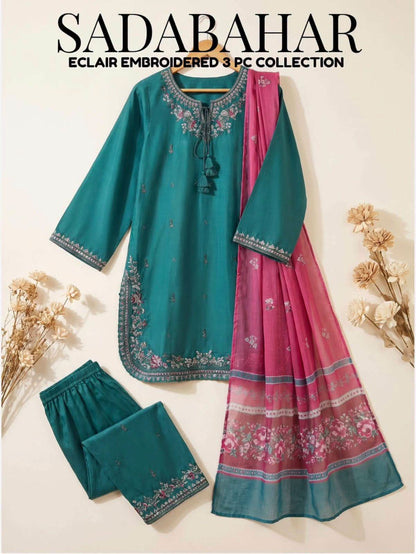 Sadabahar Eclair Embroidered Cotton 3 Piece-Teal