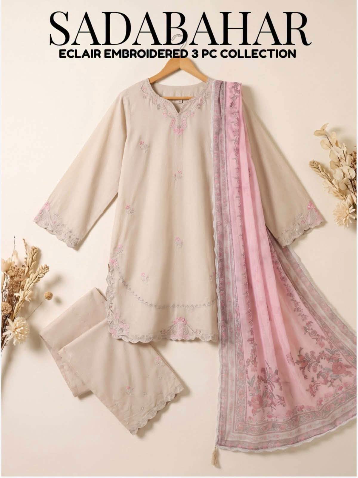 Sadabahar Eclair Embroidered Cotton 3 Piece-Beige