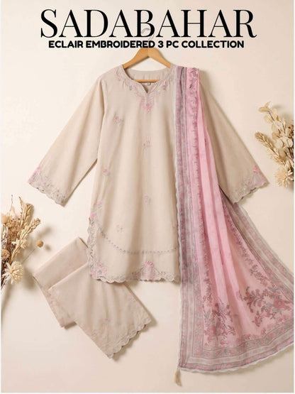 Sadabahar Eclair Embroidered Cotton 3 Piece-Beige