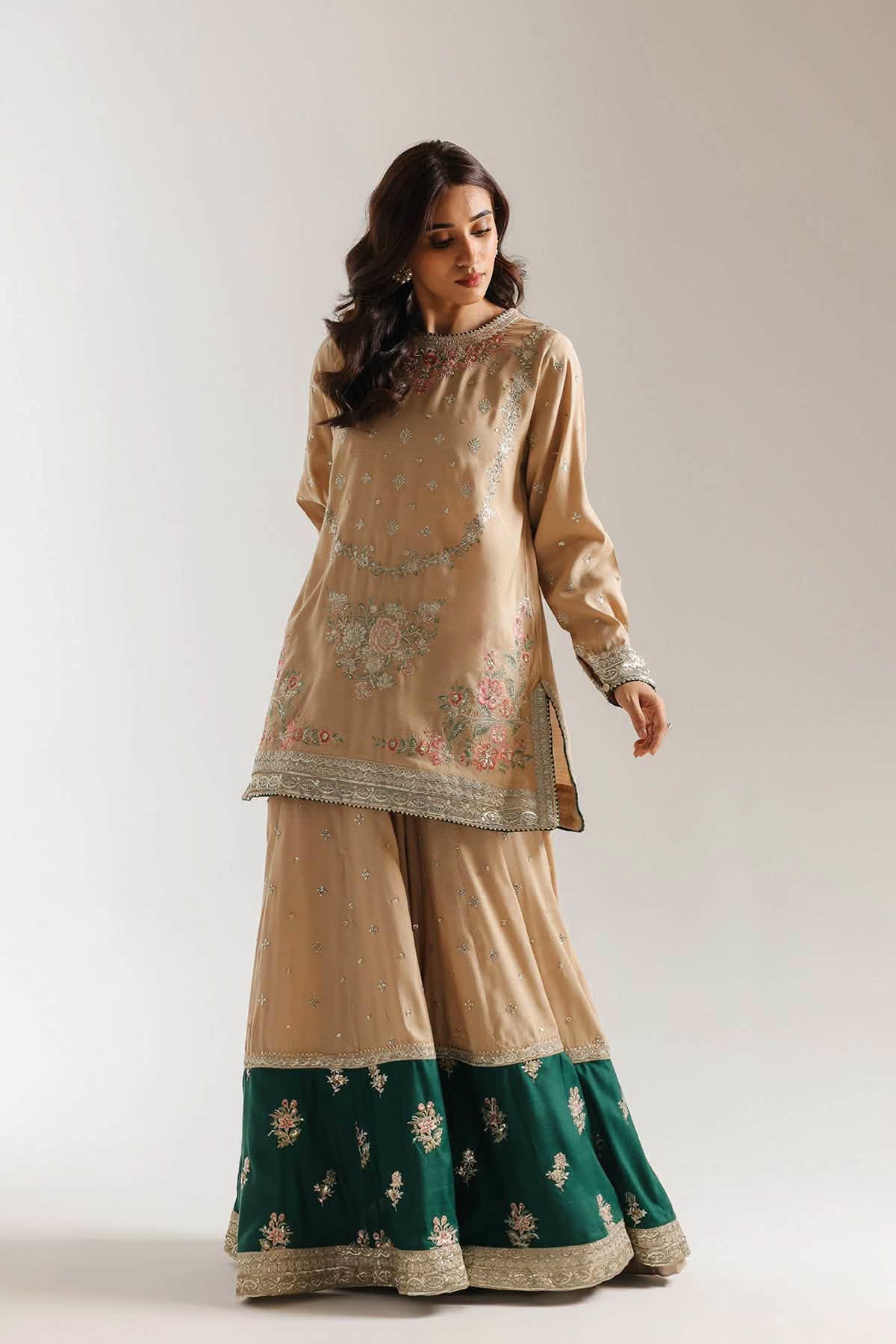 ETHNC VISCOSE SILK HEAVILY EMBROIDERED SHIRT WITH SHARARA