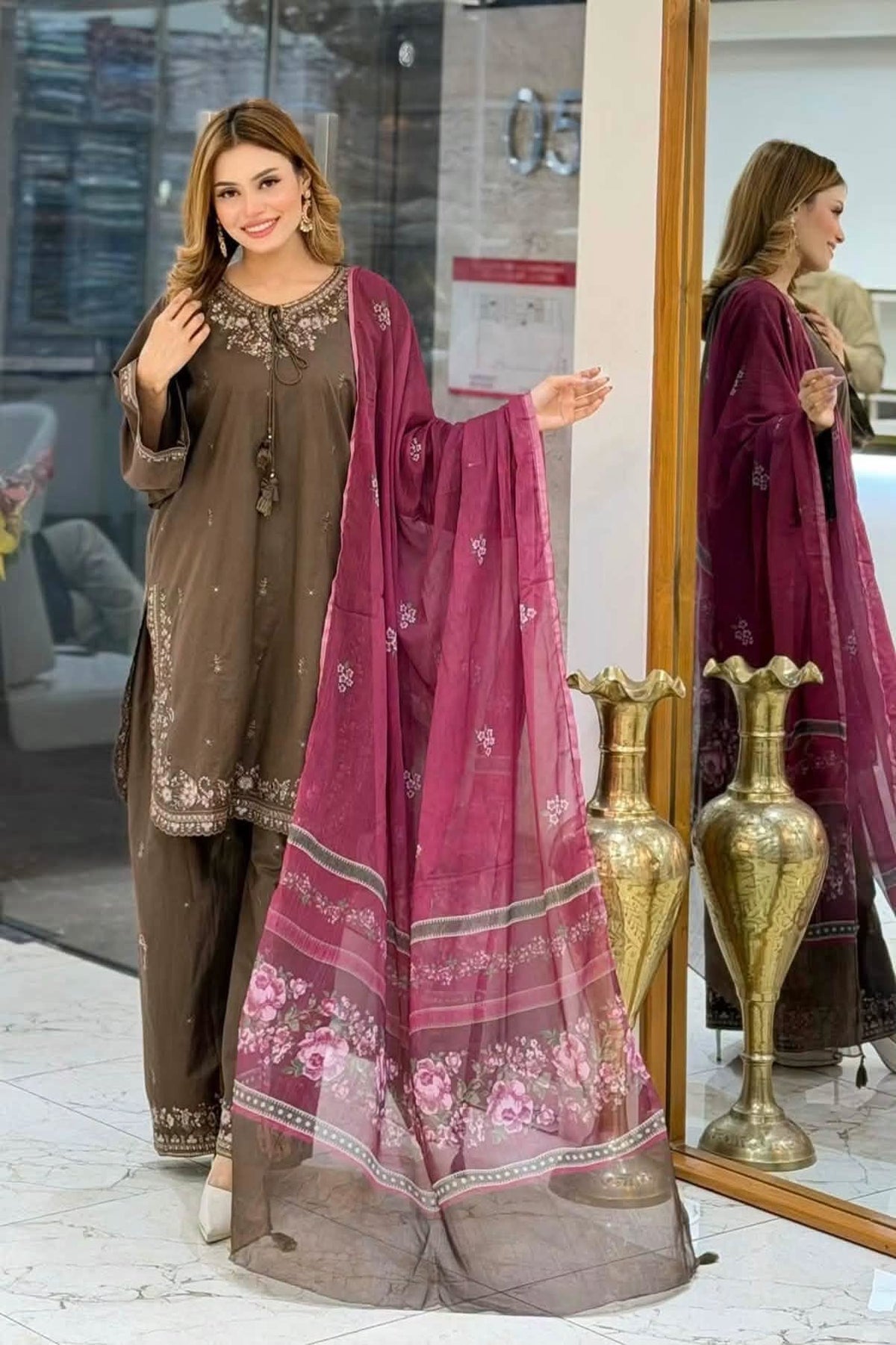 Sadabahar Eclair Embroidered Cotton 3 Piece-Brown