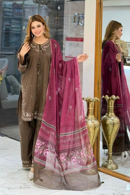 Sadabahar Eclair Embroidered Cotton 3 Piece-Brown