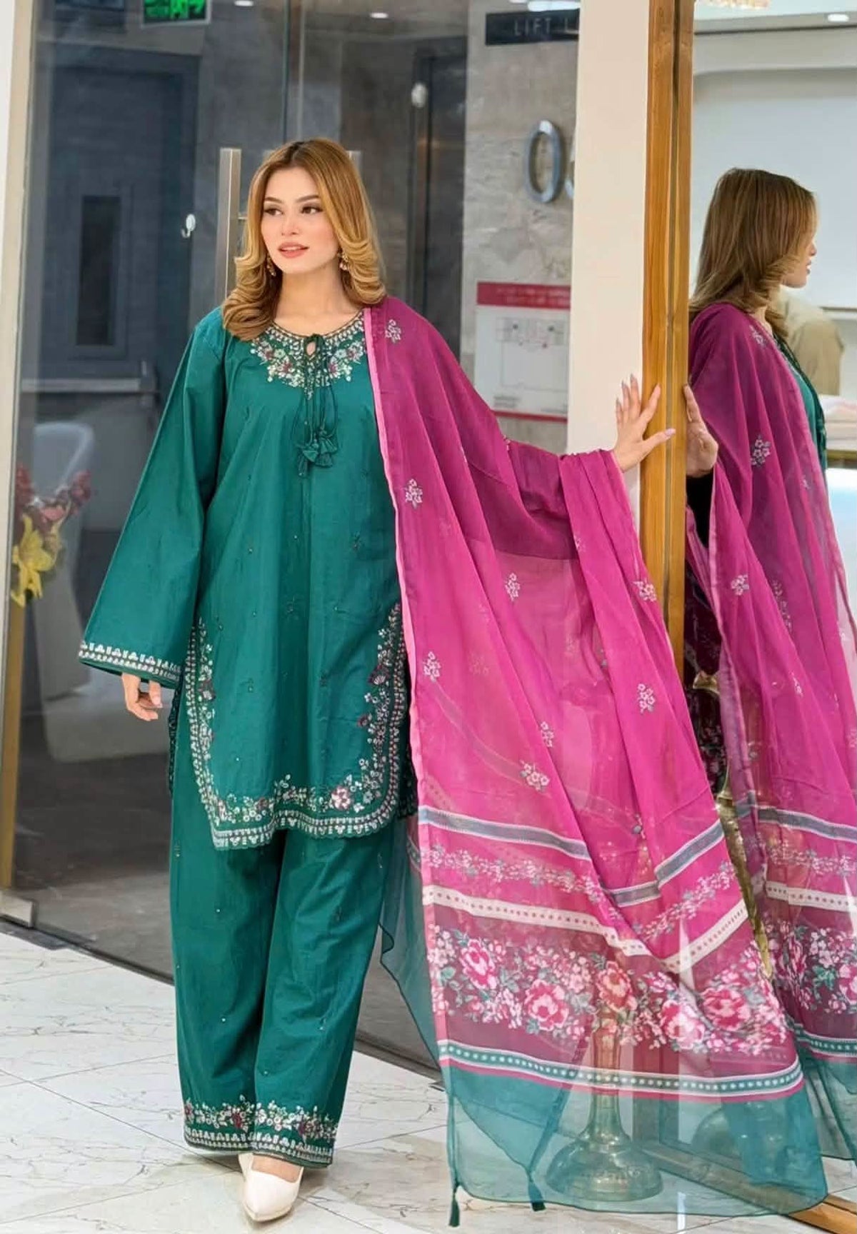 Sadabahar Eclair Embroidered Cotton 3 Piece-Teal
