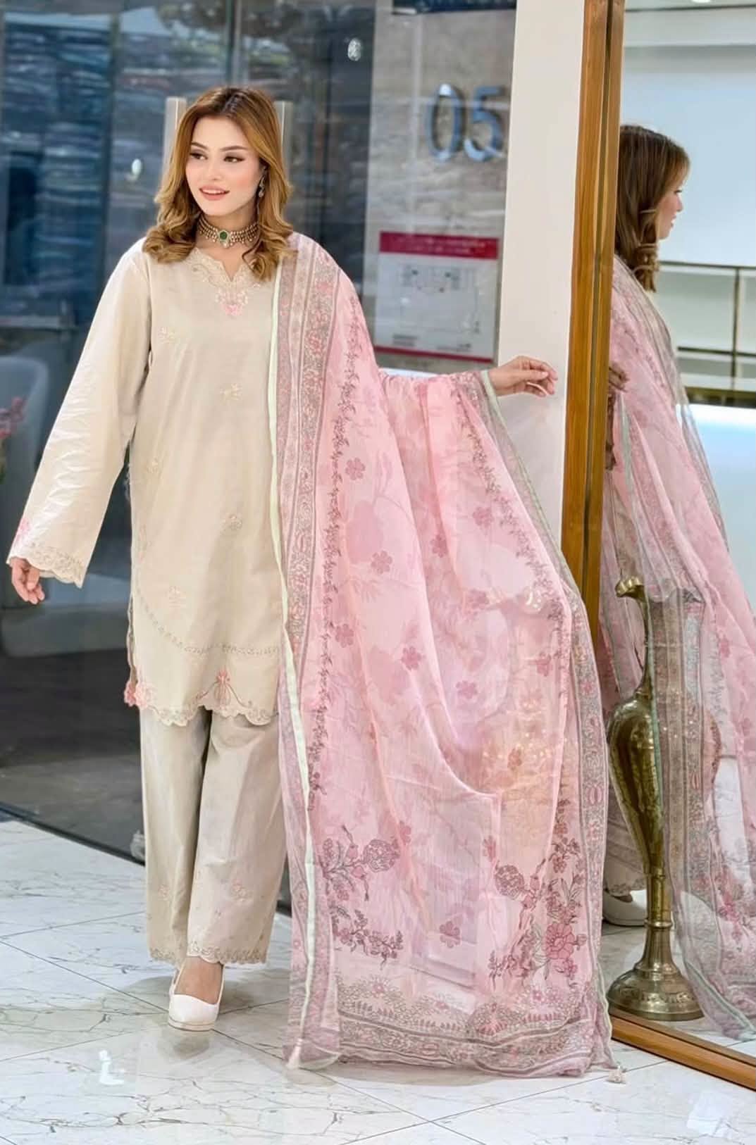 Sadabahar Eclair Embroidered Cotton 3 Piece-Beige
