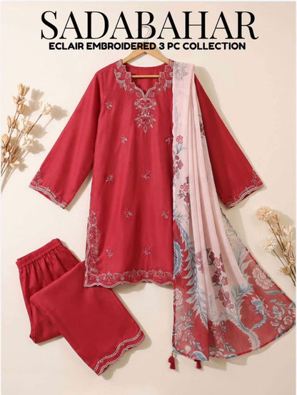 Sadabahar Eclair Embroidered Cotton 3 Piece-Red