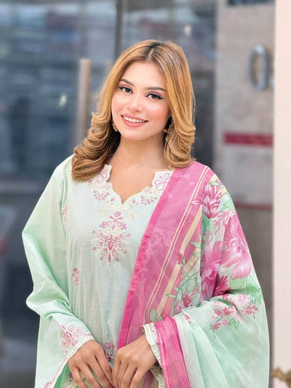 Sadabahar Eclair Embroidered Cotton 3 Piece-Pista Green
